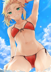 Rule 34 | 1girl, arm up, armpits, bare arms, bare shoulders, bikini, blonde hair, blue sky, breasts, cloud, collarbone, commentary request, day, dutch angle, fate/grand order, fate (series), from below, front-tie bikini top, front-tie top, green eyes, grin, groin, halterneck, highres, looking at viewer, looking down, mordred (fate), mordred (fate) (all), mordred (fate/apocrypha), mordred (swimsuit rider) (fate), mordred (swimsuit rider) (first ascension) (fate), navel, outdoors, red bikini, side-tie bikini bottom, sky, small breasts, smile, solo, stomach, swimsuit, tan, tomozero, water, wet, wet hair