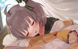 Rule 34 | 1girl, ahoge, bear, blue sky, book, brown hair, closed eyes, cloud, cloudy sky, collarbone, commission, curtains, day, desk, drooling, eureka 814, head on table, highres, hololive, indoors, natsuiro matsuri, paper, pencil case, ringlets, sailor collar, saliva, school, school uniform, side ponytail, skeb commission, sky, sleeping, sleeves past wrists, solo, virtual youtuber, window
