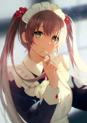 Rule 34 | 1girl, apron, black dress, breasts, brown hair, closed mouth, collared shirt, dress, flower, frilled apron, frills, gem, green eyes, hair between eyes, hair flower, hair ornament, hand grab, hand up, harecaba, highres, long hair, long sleeves, looking at viewer, maid, maid apron, maid headdress, medium breasts, neck ribbon, original, red flower, red gemstone, red ribbon, ribbon, shirt, solo, twintails, upper body, white apron, white headdress