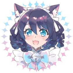 Rule 34 | 1girl, animal ears, bell, black hair, blue bow, blue eyes, bow, cat ears, cat girl, cyan (show by rock!!), looking at viewer, mel6969, neck bell, open mouth, outside border, round image, show by rock!!, sketch, smile, solo, wavy hair, white background