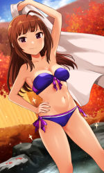 Rule 34 | 1girl, ahoge, arm above head, autumn, autumn leaves, bare legs, bikini, blue bikini, blue sky, blunt bangs, breasts, brown hair, cleavage, closed mouth, cloud, collarbone, commentary request, day, forest, front-tie bikini top, front-tie top, hanamasa ono, hand on own hip, highres, holding, holding towel, idolmaster, idolmaster million live!, idolmaster million live! theater days, long hair, looking at viewer, medium breasts, mountain, nature, navel, onsen, outdoors, purple bikini, purple eyes, rock, side-tie bikini bottom, sky, smile, solo, sparkle, standing, stomach, strapless, strapless bikini, swimsuit, thighs, towel, yokoyama nao
