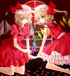 Rule 34 | 2girls, :p, alternate color, alternate hair color, ascot, barefoot, bat wings, blonde hair, bow, brooch, cosplay, female focus, flandre scarlet, flandre scarlet (cosplay), hat, hat bow, highres, hiru0130, holding hands, jewelry, kneeling, multiple girls, petals, player 2, red eyes, red theme, remilia scarlet, short hair, siblings, side ponytail, sisters, tongue, tongue out, touhou, wings