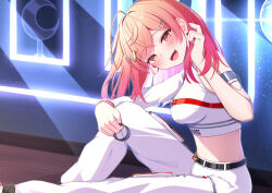 1girl akuame_(ring3922) arm_strap blush breasts colored_inner_hair cropped_shirt earrings gold_earrings hair_ornament hairpin heart heart_earrings highres holding_hairband hololive hololive_dev_is ichijou_ririka jewelry long_hair looking_at_viewer multicolored_hair official_alternate_costume orange_eyes orange_hair pants pink_hair shirt smile solo teeth upper_teeth_only virtual_youtuber white_pants white_shirt