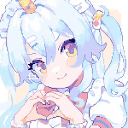Rule 34 | 1girl, ahiru tokotoko, blue hair, brown eyes, closed mouth, commentary, heart, heart hands, highres, light blue hair, looking at viewer, original, pixel art, signature, smile, solo, symbol-only commentary, two side up, upper body, yellow background