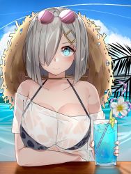 Rule 34 | 10s, 1girl, bad id, bad pixiv id, bikini, black bikini, blue eyes, blush, breasts, cup, day, drinking glass, drinking straw, eyewear on head, glasses, hair ornament, hair over one eye, hairclip, hamakaze (kancolle), hat, highres, kantai collection, large breasts, looking at viewer, ocean, see-through, shirt, silver hair, sky, smile, solo, sunglasses, suzuharu toufu, swimsuit, wet, wet clothes, wet shirt
