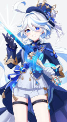 Rule 34 | 1girl, absurdres, black gloves, blue eyes, blue hair, blue hat, blue jacket, furina (genshin impact), genshin impact, gloves, hair between eyes, hat, highres, holding, holding sword, holding weapon, itsumiruka, jacket, long hair, long sleeves, multicolored hair, shorts, smile, solo, splendor of tranquil waters (genshin impact), sword, teeth, top hat, vision (genshin impact), weapon, white gloves, white shorts