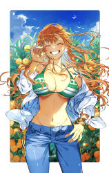 Rule 34 | 1girl, absurdres, arm tattoo, bikini, bikini top only, bird, blue pants, blue sky, blush, bracelet, breasts, cleavage, closed eyes, cloud, cloudy sky, collarbone, cowboy shot, denim, dress shirt, earrings, facing viewer, food, fruit, glint, green bikini, grin, groin, highres, jeans, jewelry, large breasts, log pose, long hair, nami (one piece), navel, oboro keisuke, off shoulder, one piece, open clothes, open shirt, orange (fruit), orange hair, orange tree, outdoors, pants, shirt, sky, smile, solo, standing, stomach, swimsuit, tattoo, teeth, thumb in beltline, underboob, wavy hair, white shirt, wind, wind lift