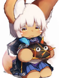 Rule 34 | 1other, absurdres, alternate hair length, alternate hairstyle, amiya (arknights), amiya (arknights) (cosplay), animal ears, arknights, blue skirt, blush stickers, character request, coat, cosplay, creature, furry, highres, hood, hooded coat, horizontal pupils, made in abyss, nanachi (made in abyss), originium slug (arknights), overcoat, pleated skirt, rabbit ears, short hair, skirt, solo, tab head, trait connection, white hair, yellow eyes
