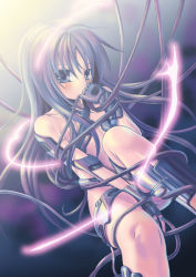 Rule 34 | 00s, 1girl, arm cuffs, armor, blush, breastplate, cable, collarbone, covering own mouth, fingerless gloves, flat chest, gloves, grey eyes, grey hair, hand over mouth, hand over own mouth, long hair, minashiro tsubaki, nude, solo, soukyuu no fafner, tachibana koo, thigh strap