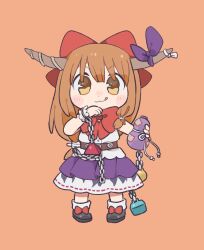 Rule 34 | 1girl, :q, bow, bowtie, chain, citrus (place), closed mouth, commentary, cuffs, footwear bow, gourd, hair bow, hand on own face, holding gourd, horn bow, horn ornament, horns, ibuki suika, long hair, looking at viewer, oni, oni horns, orange background, orange hair, pyramid (geometry), red bow, red bowtie, shackles, simple background, skirt, sleeveless, solo, tongue, tongue out, touhou, very long hair
