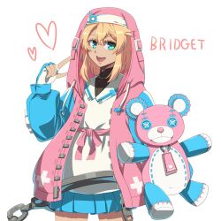 Rule 34 | 1boy, alternate color, androgyne symbol, blonde hair, blue skirt, bridget (guilty gear), character name, cuffs, fingerless gloves, gloves, green eyes, guilty gear, guilty gear strive, habit, handcuffs, hood, hood up, hooded jacket, hoodie, jacket, long sleeves, looking at viewer, medium hair, open clothes, open hoodie, open mouth, pleated skirt, puffy long sleeves, puffy sleeves, roger (guilty gear), skirt, smile, stuffed animal, stuffed toy, teddy bear, tondabayashi koori, transgender flag, trap