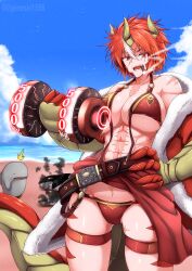 Rule 34 | 1girl, ^^^, abs, artist name, bare shoulders, beach, belt, bikini, blue sky, breasts, burnt, claws, cleavage, cloud, collarbone, commentary request, cowboy shot, day, dein (g (genesis1556)), dragon girl, dragon horns, dragon tail, dumbbell, fur-trimmed jacket, fur trim, g (genesis1556), hair between eyes, hand on own hip, highres, holding, holding dumbbell, horns, jacket, large breasts, looking at viewer, monster girl, multicolored hair, navel, ocean, off shoulder, open clothes, open jacket, open mouth, orca, original, outdoors, red belt, red bikini, red eyes, red hair, red jacket, scar, scar across eye, scar on arm, scar on chest, scar on face, scar on leg, scar on stomach, shadow, shark, sharp teeth, short hair, sidelocks, skindentation, sky, smoke, smoking, solo focus, standing, stomach, streaked hair, swimsuit, tail, teeth, thigh strap, two-tone hair, untied bikini, waist cape, white hair