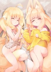 Rule 34 | 2girls, animal ear fluff, animal ears, babydoll, bed sheet, between legs, blonde hair, borrowed character, bottomless, clothes lift, crossover, fox ears, fox tail, hair between eyes, highres, long eyelashes, long hair, lying, multiple girls, multiple tails, nightgown, on back, on side, original, romy, shirt lift, sleeping, sleepwear, tail, tail between legs