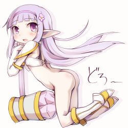 Rule 34 | 1girl, ass, blush, bottomless, breasts, elf, elnowar seylan, endro!, looking at viewer, no panties, pointy ears, purple eyes, purple hair, simple background, small breasts, solo, white background, yoshi (crossmind)