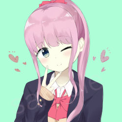 Rule 34 | 1girl, 7 calpis 7, ;), black jacket, blazer, blue eyes, blush, bow, brown cardigan, cardigan, closed mouth, collared shirt, commentary request, dress shirt, green background, grey nails, hair bow, hand up, heart, jacket, long hair, long sleeves, looking at viewer, nail polish, one eye closed, open clothes, open jacket, original, pink hair, ponytail, red bow, sample watermark, school uniform, shirt, simple background, sleeves past wrists, smile, solo, upper body, v, watermark, white shirt