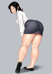 Rule 34 | 1girl, ass, black footwear, black hair, bow, collared shirt, commentary request, dress shirt, from behind, full body, grey background, grey skirt, hair ribbon, highres, leaning forward, long hair, long sleeves, looking at viewer, looking back, low-tied long hair, mature female, miniskirt, nemui333, office lady, open mouth, original, pantylines, pencil skirt, red bow, red eyes, ribbon, round teeth, shadow, shirt, shirt tucked in, sidelocks, simple background, skirt, standing, teeth, thick thighs, thighs, tongue, upper teeth only, white shirt