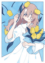 Rule 34 | 1girl, blue background, border, bouquet, brown eyes, commentary, cowboy shot, dress, floral background, flower, hair between eyes, halftone, hand up, highres, holding, holding bouquet, holding flower, long hair, looking at viewer, nahara saki, original, outside border, sidelocks, solo, standing, symbol-only commentary, tulip, white border, white dress, yellow flower, yellow tulip