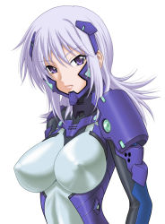 Rule 34 | 1girl, bodysuit, breasts, cryska barchenowa, covered erect nipples, large breasts, lips, long hair, misnon the great, muv-luv, muv-luv alternative, muv-luv total eclipse, pilot suit, purple eyes, purple hair, skin tight, solo