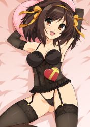 Rule 34 | 00s, 1girl, armpits, arms behind head, ass, breasts, brown eyes, brown hair, candy, chocolate, chocolate heart, food, garter straps, hairband, haruhisky, heart, heart-shaped box, highres, large breasts, lingerie, looking at viewer, lying, on back, on bed, orange hairband, panties, short hair, solo, string panties, suzumiya haruhi, suzumiya haruhi no yuuutsu, thighhighs, thong, underwear