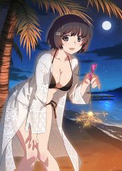 Rule 34 | 1girl, artist request, beach, bikini, black bikini, black eyes, black hair, breasts, cleavage, fireworks, hair ornament, hairclip, hanekawa tsubasa, highres, large breasts, looking at viewer, monogatari (series), monogatari series puc puc, moon, night, night sky, ocean, official art, open mouth, palm tree, see-through, short hair, sky, smile, solo, source request, sparkler, standing, star (sky), starry sky, swimsuit, tree, tropical, water
