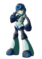 Rule 34 | 1boy, bad deviantart id, bad id, beck (mighty no. 9), green eyes, helmet, highres, male focus, mighty no. 9, nac0n, robot, simple background, smile, solo