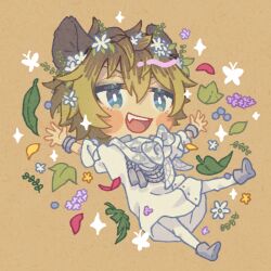 1boy ashnnk blonde_hair blue_eyes chibi coat fang full_body hyena_boy hyena_ears leaf male_focus orange_background outstretched_arms ruggie_bucchi short_hair solo spread_arms twisted_wonderland white_coat