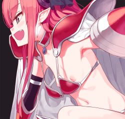 Rule 34 | 10s, 1girl, armor, armpits, bad id, bad pixiv id, bikini, bikini armor, black background, breasts, collar, doremi, earrings, elizabeth bathory (brave) (fate), elizabeth bathory (fate), fang, fate/extra, fate/extra ccc, fate/grand order, fate (series), gauntlets, grey eyes, horns, jewelry, long hair, loose bikini, navel, nipples, oversized breast cup, oversized clothes, pauldrons, pink hair, pointy ears, profile, red armor, red bikini, shoulder armor, sidelocks, simple background, small breasts, smile, solo, swimsuit