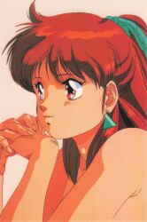 Rule 34 | 1990s (style), 1girl, anice farm, bare shoulders, chouon senshi borgman, close-up, earrings, expressionless, interlocked fingers, jewelry, long hair, non-web source, official art, own hands together, pink background, portrait, red eyes, red hair, retro artstyle, scan, simple background, solo