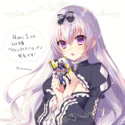 Rule 34 | 1girl, :o, bad id, bad pixiv id, blush, book, fang, frilled sleeves, frills, gem, holding, holding book, juliet sleeves, light blush, light purple hair, long hair, long sleeves, novel (object), open mouth, puffy sleeves, purple eyes, release date, sacraneco, signature, solo, sparkle, twitter username, vampire/lord, very long hair