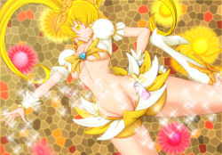 Rule 34 | 10s, 1girl, blonde hair, boots, bow, breasts, brooch, brown background, cure sunshine, floral background, groin, heart, heart brooch, heartcatch precure!, long hair, magical girl, medium breasts, midriff, mosaic background, myoudouin itsuki, navel, precure, skirt, smile, solaris, solo, sparkle, twintails, underboob, yellow bow, yellow eyes, yellow skirt, yellow theme