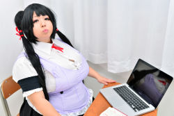 Rule 34 | 1girl, black hair, breasts, cleavage, cosplay, fat, highres, hoshima mika, huge breasts, long hair, maaru tougou, maaru tougou (cosplay), photo (medium), pochamaider, solo, thick thighs, thighs, twintails, wide hips