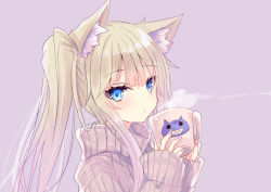 Rule 34 | 1girl, animal ear fluff, animal ears, blue eyes, brown hair, closed mouth, commentary request, cup, grey sweater, highres, hizaka, holding, holding cup, long hair, long sleeves, looking at viewer, mug, nail polish, original, pink nails, purple background, ribbed sweater, simple background, sleeves past wrists, solo, steam, sweater, turtleneck, turtleneck sweater, twintails, upper body