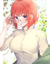 Rule 34 | 1girl, :p, adjusting eyewear, alternate costume, blue eyes, blunt bangs, blush, breasts, buttons, casual, closed mouth, commentary, eyelashes, glasses, go-toubun no hanayome, hair down, hand up, highres, kakato 0, large breasts, leaf, long sleeves, looking at viewer, nakano nino, off shoulder, red hair, round eyewear, shirt, short hair, sidelocks, simple background, smile, solo, straight hair, tongue, tongue out, upper body, white background, white shirt