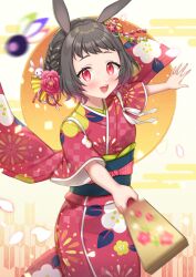 Rule 34 | 1girl, :d, animal ears, black hair, blush, braid, brown background, commentary request, copyright request, egasumi, flower, hagoita, hair flower, hair ornament, hanetsuki, highres, holding, japanese clothes, kimono, looking at viewer, midori miyako, obi, official art, open mouth, paddle, petals, rabbit ears, rabbit hair ornament, red eyes, red flower, red kimono, sash, short sleeves, smile, solo, teeth, thick eyebrows, upper teeth only, virtual youtuber, wide sleeves, yagasuri