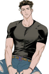 Rule 34 | 14ho sd, 1boy, black shirt, bracelet, brown eyes, brown hair, cowboy shot, earrings, highres, jewelry, looking at viewer, male focus, miyagi ryouta, muscular, muscular male, parted lips, ring, shirt, short hair, simple background, slam dunk (series), solo, stud earrings, tight clothes, tight shirt, undercut, wavy hair, white background