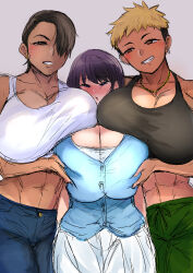 Rule 34 | 3girls, absurdres, black tank top, blonde hair, blush, breast press, breasts, breasts squeezed together, brown hair, bursting breasts, cleavage, dyed hair, earrings, grabbing, grabbing another&#039;s breast, highres, jewelry, large breasts, multiple girls, muscular, muscular female, necklace, purple hair, sandwiched, sgwmanga, tank top, tomboy, white tank top