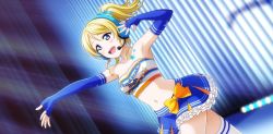 Rule 34 | 1girl, artist name, artist request, ayase eli, bandeau, bare shoulders, blonde hair, blue eyes, blue gloves, blue skirt, blush, bow, breasts, cheerleader, chest tattoo, cleavage, clothes writing, collarbone, elbow gloves, female focus, fingerless gloves, frilled skirt, frills, gloves, hair between eyes, hair ornament, headphones, headset, high ponytail, highres, long hair, looking at viewer, love live!, love live! school idol festival, love live! school idol festival all stars, love live! school idol project, microphone, midriff, miniskirt, on stage, paradise live, parted lips, plaid, plaid skirt, pleated, pleated skirt, ponytail, ribbon, shirt, short hair, skirt, small breasts, smile, solo, stage, stage lights, star (symbol), star hair ornament, star print, star tattoo, takaramonozu, tattoo, white bandeau, white legwear, white shirt, yellow bow