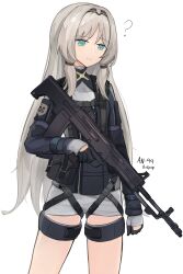 Rule 34 | 1girl, ?, absurdres, an-94, an-94 (girls&#039; frontline), assault rifle, black gloves, black jacket, blue eyes, brown hair, character name, closed mouth, commentary, english commentary, full body, gamryous, girls&#039; frontline, gloves, gun, highres, jacket, long sleeves, name connection, object namesake, rifle, shirt, simple background, sleeves past wrists, solo, standing, weapon, white background, white shirt
