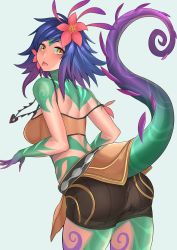 Rule 34 | 1girl, :p, aori sora, ass, bare shoulders, blue hair, breasts, clothes lift, crop top, flower, gradient hair, hair flower, hair ornament, half-closed eyes, highres, jewelry, large breasts, league of legends, lizard tail, looking at viewer, looking back, midriff, monster girl, multicolored hair, necklace, neeko (league of legends), purple hair, short hair, shorts, skirt, skirt lift, solo, strap slip, tail, tongue, tongue out, yellow eyes