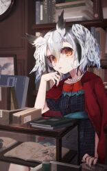 Rule 34 | 1girl, :p, alternate costume, black hair, book, bookshelf, commentary request, grey hair, hair between eyes, head wings, highres, indoors, jacket, jacket on shoulders, jewelry, kemono friends, looking at viewer, multicolored hair, multicolored nails, nail polish, nanana (nanana iz), necklace, northern white-faced owl (kemono friends), orange eyes, pearl necklace, red jacket, sitting, solo, tongue, tongue out, white hair, wings