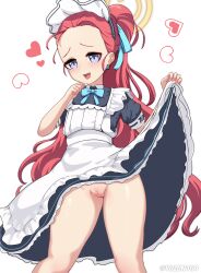 Rule 34 | 1girl, absurdres, apron, black dress, blue archive, blue bow, blue bowtie, blue ribbon, blush, bow, bowtie, cleft of venus, dress, forehead, frilled apron, frilled dress, frills, hair bow, hair ribbon, halo, highres, long hair, looking at viewer, maid, maid headdress, official alternate costume, ponytail, puffy short sleeves, puffy sleeves, purple eyes, pussy, pussy juice, red hair, ribbon, short sleeves, simple background, skirt hold, solo, very long hair, white apron, white background, white bow, yellow halo, yuzu (blue archive), yuzu (maid) (blue archive), yuzun404