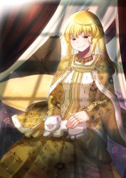 Rule 34 | 1girl, absurdres, ahoge, bed, bedroom, blonde hair, breasts, brown eyes, cape, cat, colored eyelashes, cowlick, gem, highres, indoors, isabeau de baviere (madoka magica), jewelry, large breasts, long hair, long sleeves, looking at animal, magia record: mahou shoujo madoka magica gaiden, mahou shoujo madoka magica, mahou shoujo tart magica, mature female, messy hair, necklace, petting, pillow, queen, ring, royal robe, shimotsukishin, sitting, smile, wavy hair