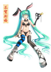 Rule 34 | 1girl, animal ears, ankle boots, aqua eyes, aqua hair, asymmetrical clothes, asymmetrical footwear, asymmetrical legwear, bad id, bad pixiv id, bikini, black gloves, black thighhighs, boots, breasts, cleavage, cross-laced footwear, front-tie top, gloves, hatsune miku, highres, lace-up boots, long hair, mismatched footwear, mismatched legwear, navel, one eye closed, panties, rabbit ears, side-tie bikini bottom, single glove, solo, striped clothes, striped thighhighs, swimsuit, thighhighs, tidsean, twintails, underwear, very long hair, vocaloid, wink