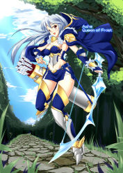 Rule 34 | 1girl, :d, armor, armpits, arrow (projectile), ashe (league of legends), bad id, bad pixiv id, bandages, bandeau, blue thighhighs, boots, bow (weapon), breasts, bridal gauntlets, character name, cleavage, cloak, cloud, crop top, day, english text, fantasy, floating hair, foreshortening, fur trim, glowing, glowing eyes, grass, greaves, hair between eyes, high heels, hip focus, holding, hood, jumping, league of legends, leg lift, light rays, long hair, looking at viewer, looking back, medium breasts, midriff, miniskirt, navel, open mouth, outdoors, path, quiver, red eyes, road, rock, shirokuma a, shoes, side slit, sideboob, silhouette, skirt, sky, smile, strapless, sunbeam, sunlight, thigh boots, thighhighs, tree, tube top, weapon, white hair, wide hips, yellow eyes, zettai ryouiki