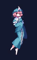 Rule 34 | 1girl, 4qw5, barefoot, black background, black eyes, blue hat, blue kimono, closed mouth, commentary, english commentary, frilled kimono, frills, full body, hat, highres, japanese clothes, kimono, long sleeves, looking at viewer, mob cap, pink hair, pixel art, saigyouji yuyuko, short hair, simple background, solo, touhou, triangular headpiece