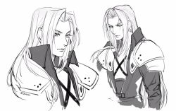 Rule 34 | 1boy, armor, bad id, bad twitter id, clivenzu, final fantasy, final fantasy vii, final fantasy vii remake, greyscale, hair intakes, highres, jacket, long hair, long sleeves, looking at viewer, male focus, monochrome, multiple views, parted bangs, pauldrons, sephiroth, shoulder armor, simple background, white background