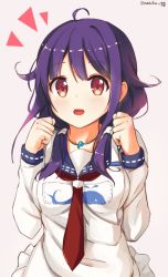 Rule 34 | 10s, 1girl, ahoge, animal print, between breasts, breasts, brown eyes, collarbone, ezoshika gg, fish print, highres, kantai collection, looking at viewer, magatama, necktie, necktie between breasts, open mouth, pink background, purple hair, simple background, solo, taigei (kancolle), twitter username, whale print