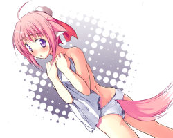 Rule 34 | 10s, 1girl, ahoge, animal ears, ass, blush, clothes in front, covering privates, dog days, dog ears, dog girl, dog tail, female focus, hair ribbon, halftone, halftone background, looking back, millhiore f. biscotti, panties, pink hair, pizanuko, purple eyes, ribbon, solo, tail, topless, underwear, white background