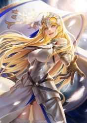 Rule 34 | 1girl, absurdres, ahoge, armor, armored dress, bare shoulders, blonde hair, blue eyes, chain, commentary, english commentary, fate/apocrypha, fate (series), faulds, flag, fur trim, gauntlets, gloves, headpiece, highres, jeanne d&#039;arc (fate), jeanne d&#039;arc (ruler) (fate), jeanne d&#039;arc (third ascension) (fate), long hair, looking at viewer, open mouth, outstretched arm, parted lips, plackart, solo, standard bearer, taekwon kim, thighhighs, very long hair