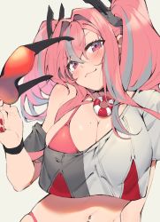 1girl :3 azur_lane blush bra breasts bremerton_(azur_lane) choker cleavage closed_mouth crop_top crop_top_overhang unworn_eyewear hair_between_eyes hair_ornament highres holding holding_removed_eyewear jewelry joker_(tomakin524) large_breasts long_hair looking_at_viewer mole mole_on_breast mole_under_eye multicolored_hair nail_polish navel navel_piercing neck_ring off_shoulder piercing pink_bra pink_eyes pink_hair red_nails sidelocks simple_background smile solo streaked_hair twintails two-tone_hair underwear visor white_background wristband